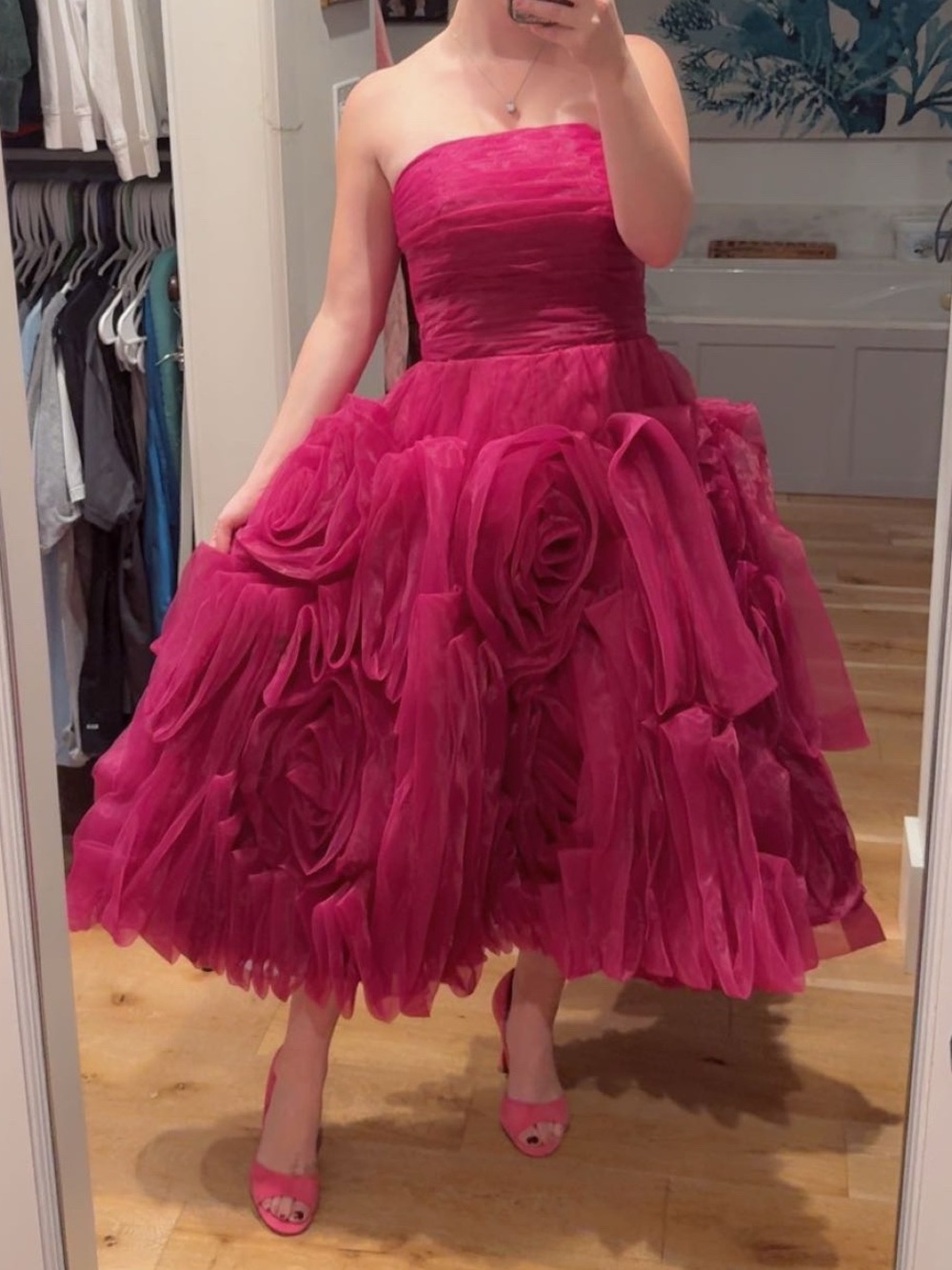 Organza Rosette Midi A-Line Strapless Gown - Picture 2 of 2